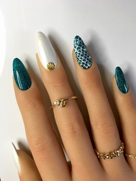 Press on nails Perle de Sirène faits main réutilisables - Tendance été